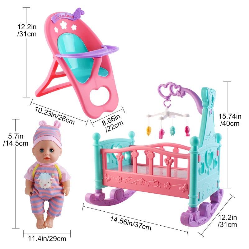 deAO Baby Doll Set with Crib Bed High Chair Stroller Baby Doll Accessories 20 Pieces Play Set Birthday for Girls Boys Kids - Image 3
